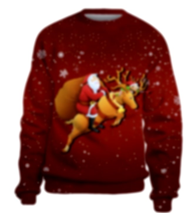 A sweater with Father Christmas riding on a reindeers back whilst holding a bag of presents