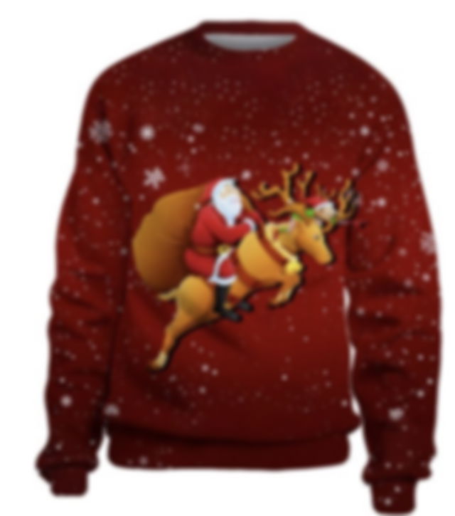 A sweater with Father Christmas riding on a reindeers back whilst holding a bag of presents