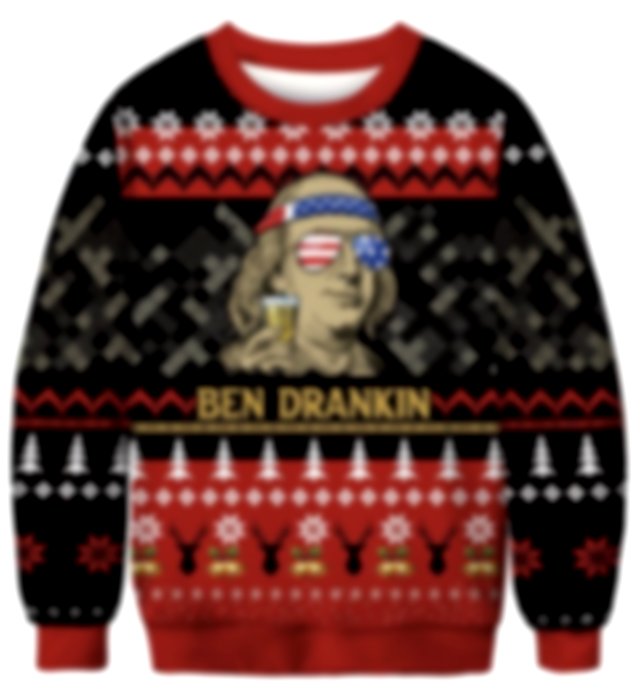 A sweater with the image of president wearing bold American glasses and the text “Ben Drankin”