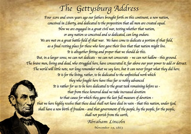 Image of Abraham Lincoln beside the text to The Gettysburg Address