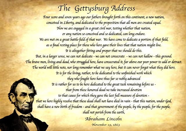 Image of Abraham Lincoln beside the text to The Gettysburg Address