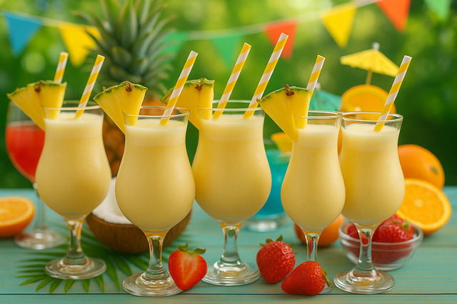 Six glasses of piña colada garnished with pineapple slices and striped yellow straws, set on a tropical-themed table with strawberries, oranges, and a whole pineapple in the background.