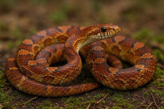 A close-up of a coiled corn snake with vibrant orange, red, and brown scales, resting on a mossy forest floor. Its head is raised slightly, showing its alert expression and smooth, patterned body.