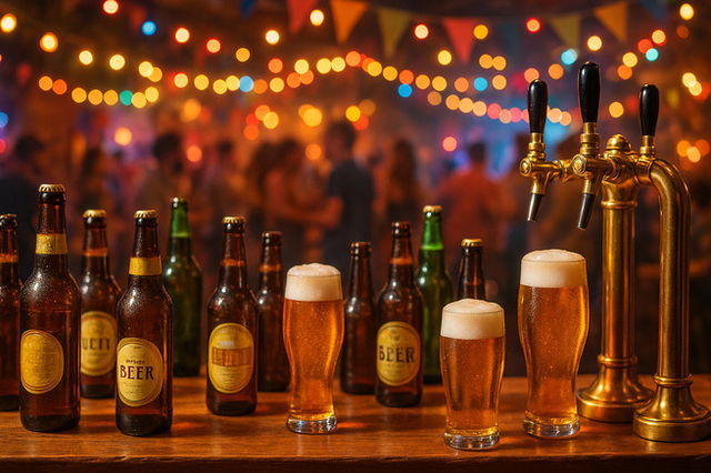 A festive bar scene with a variety of beer bottles and frothy pint glasses arranged on a wooden counter, alongside golden beer taps. In the blurred background, colorful string lights, party banners, and a lively crowd create a warm, celebratory atmosphere.
