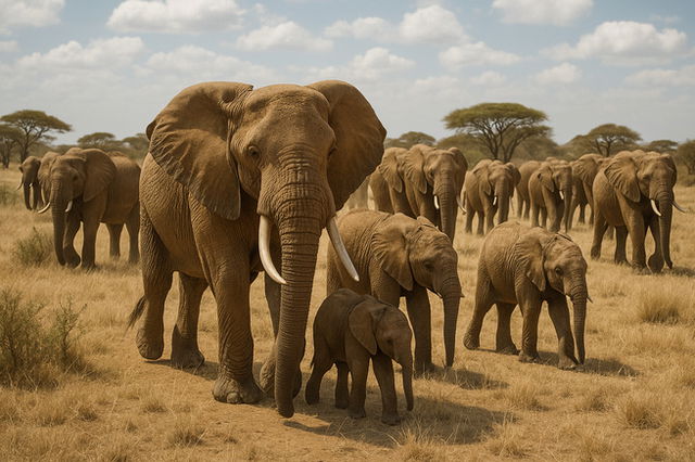 A herd of African elephants, including adults and calves, walks across a dry grassy savanna under a partly cloudy sky. The elephants are moving together in a protective group, with a large tusked matriarch leading at the front. Acacia trees are scattered in the background, suggesting a natural safari landscape.