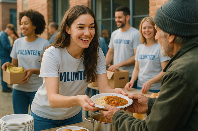 kind-hearted volunteer offering food to someone in need, smiling warmly, with a background of cheerful community service activities