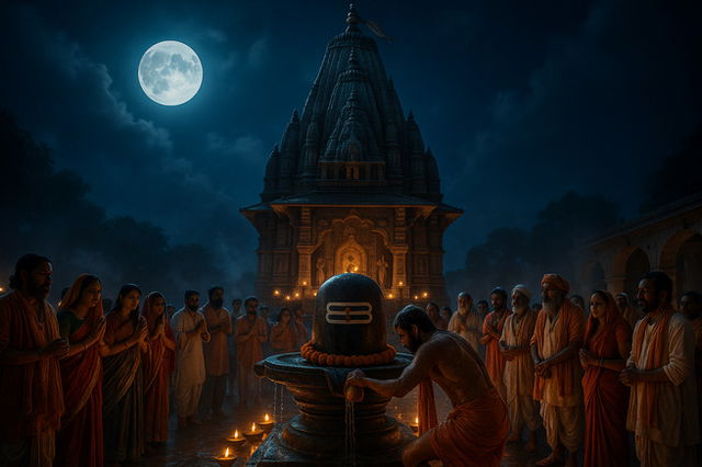 Devotees gather around a Shiva Lingam for a nighttime Abhishekam ritual at a beautifully lit temple under a full moon. The scene is serene and spiritual, with oil lamps glowing, people in traditional attire praying, and a man pouring water over the Lingam. The temple in the background stands tall, illuminated against the night sky.