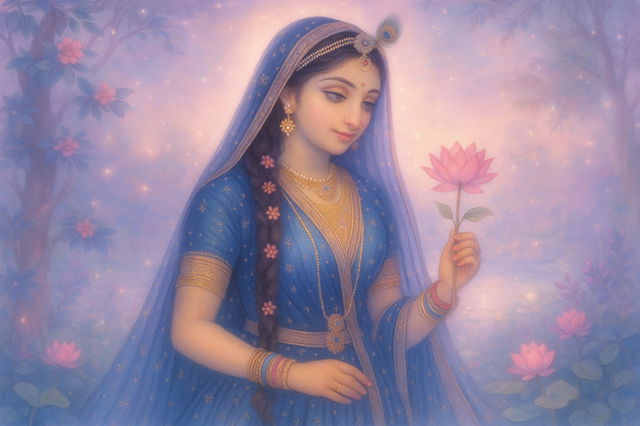 A serene and ethereal painting of Goddess Radha wearing a royal blue traditional outfit adorned with gold embroidery and jewelry. She holds a pink lotus flower gently in her right hand and stands amidst blooming lotuses and soft glowing lights in a mystical forest-like setting. Her expression is calm and contemplative, and a peacock feather adorns her hair, symbolizing her divine connection to Lord Krishna.