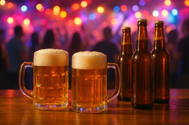 Two frothy mugs of golden beer and three brown beer bottles sit on a wooden table, with colorful party lights and a lively crowd blurred in the background.