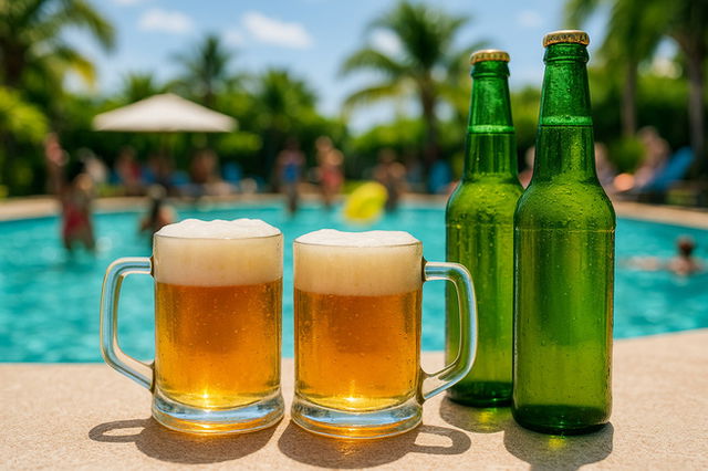 Two frosty beer mugs filled with golden beer and topped with foam sit on the edge of a pool beside two green beer bottles, with people swimming and relaxing in the background under palm trees.