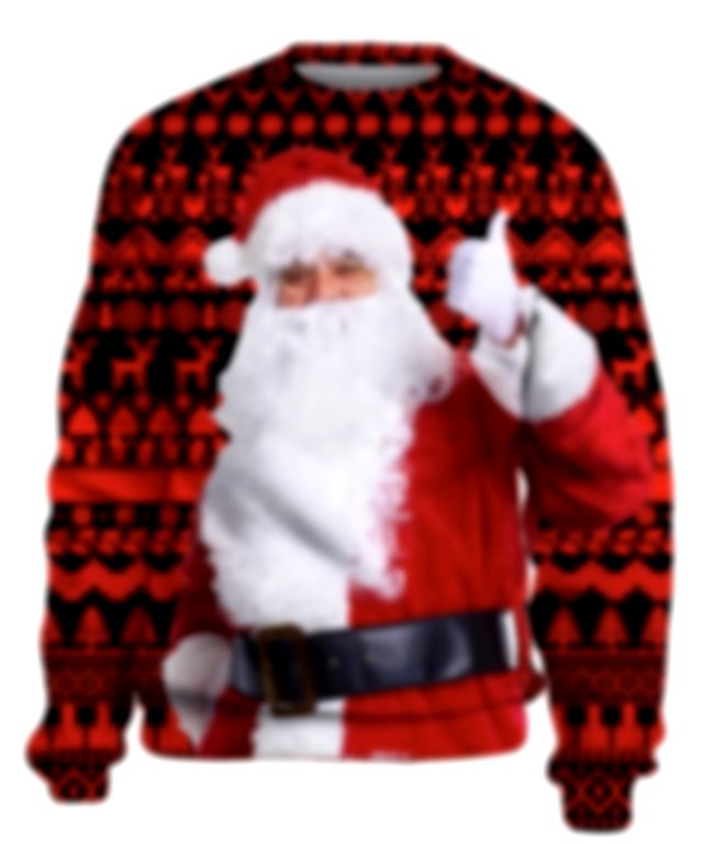 A sweater with a large image of Father Christmas, with a fake beard and holding his thumb up