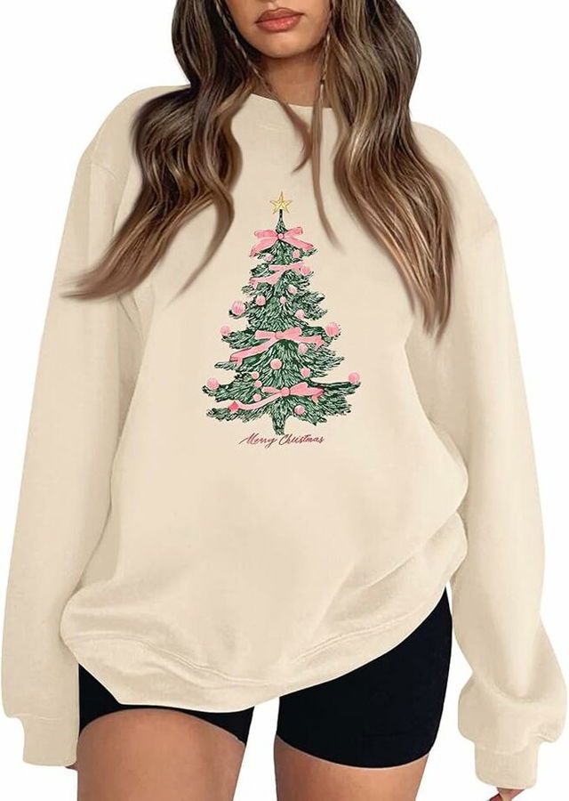 Christmas Tree Print Long Sleeve Crewneck Sweatshirt For Women Casual Loose Fit Pullover Soft Holiday