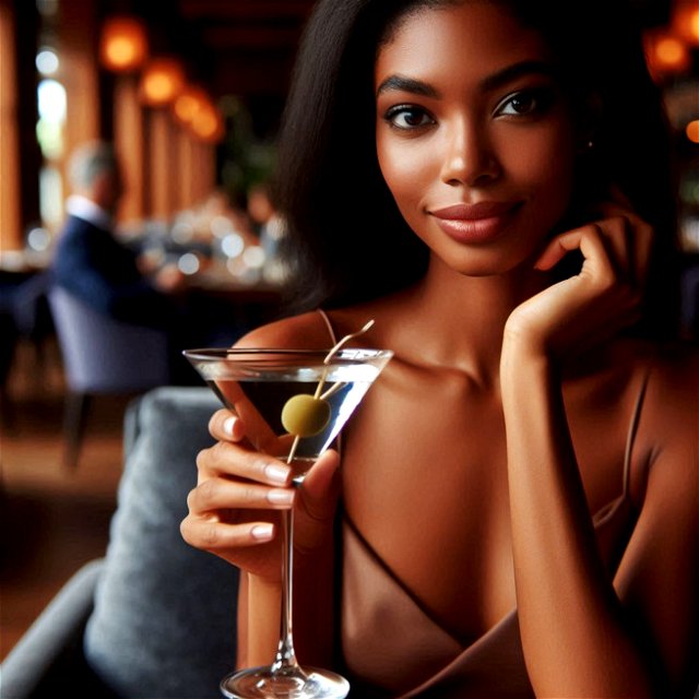 A brown woman holding a glass of martini