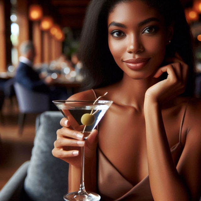 A brown woman holding a glass of martini