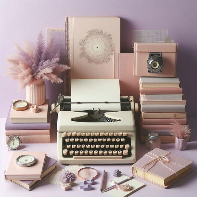 an image featuring books, typewriter, notebooks in a light lilac and white background