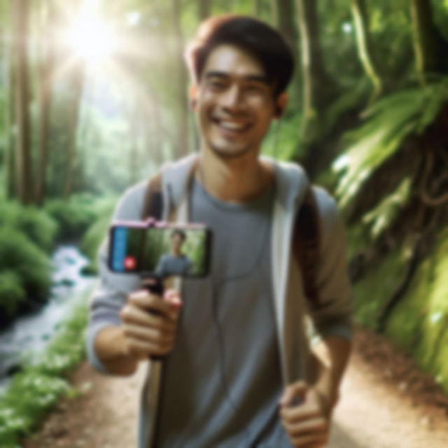 A man walking around with a recorder in a forest