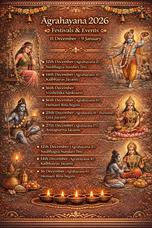 Calendar graphic titled &ldquo;Agrahayana 2026 Festivals & Events&rdquo; showing the period from 11 December to 9 January, listing Saubhagya Sundari Teej, Kalbhairav Jayanti, Vrishchika Sankranti, the beginning of Hemant Ritu, Gita Jayanti, and Annapurna Jayanti, set on a warm gold-brown background with traditional Hindu artwork featuring Goddess Parvati, Lord Shiva as Kalbhairav, Lord Krishna delivering the Gita, Goddess Annapurna, decorative diyas, and festive motifs.
