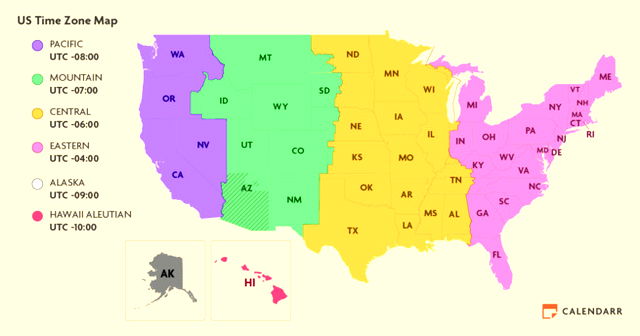 A map of the states showing the divide between timezones on a yellow background