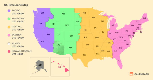 A map of the states showing the divide between timezones on a yellow background