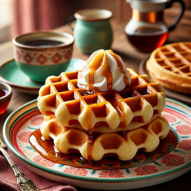 waffles drizzled with syrup and topped with whipped cream