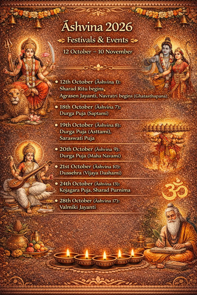 Calendar graphic titled &ldquo;Āshvina 2026 Festivals & Events&rdquo; showing the period from 12 October to 10 November, listing Sharad Ritu and Navratri beginning, Durga Puja (Saptami, Ashtami, Maha Navami), Dussehra (Vijaya Dashami), Kojagara Puja with Sharad Purnima, and Valmiki Jayanti, set on a warm gold-brown background with illustrations of Goddess Durga, Lord Rama, Goddess Saraswati, Ravana, Sage Valmiki, glowing diyas, and traditional Hindu decorative motifs.