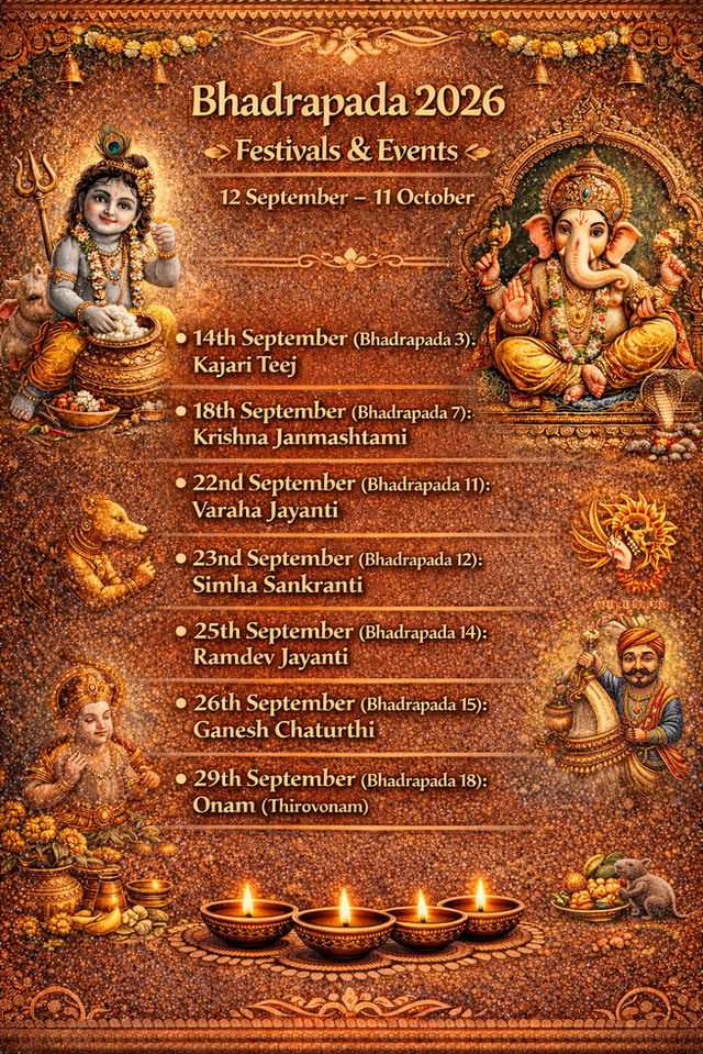 Calendar graphic titled &ldquo;Bhadrapada 2026 Festivals & Events&rdquo; showing the period from 12 September to 11 October, listing Kajari Teej, Krishna Janmashtami, Varaha Jayanti, Simha Sankranti, Ramdev Jayanti, Ganesh Chaturthi, and Onam (Thiruvonam), set on a warm gold-brown background with decorative marigold garlands, bells, diyas, and illustrations of Lord Krishna, Lord Ganesha, and other festival symbols.