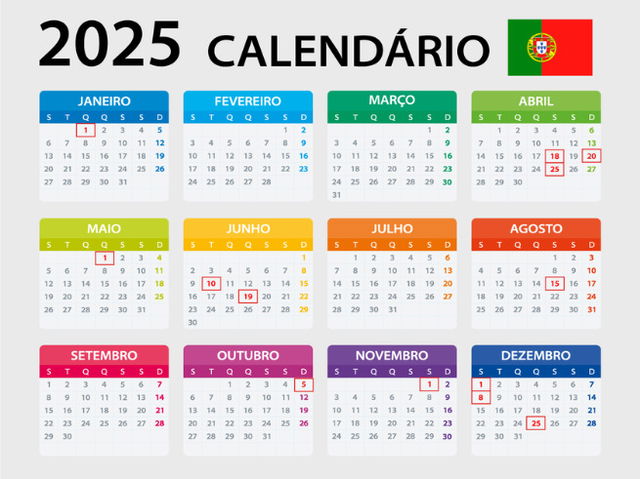 Calendário 2025 com feriados de Portugal