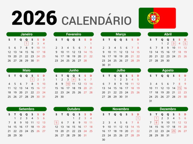 Calendário 2026 com feriados de Portugal