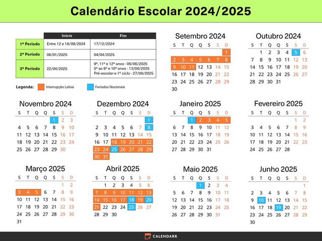 calendário escolar 2024-2025 em Portugal