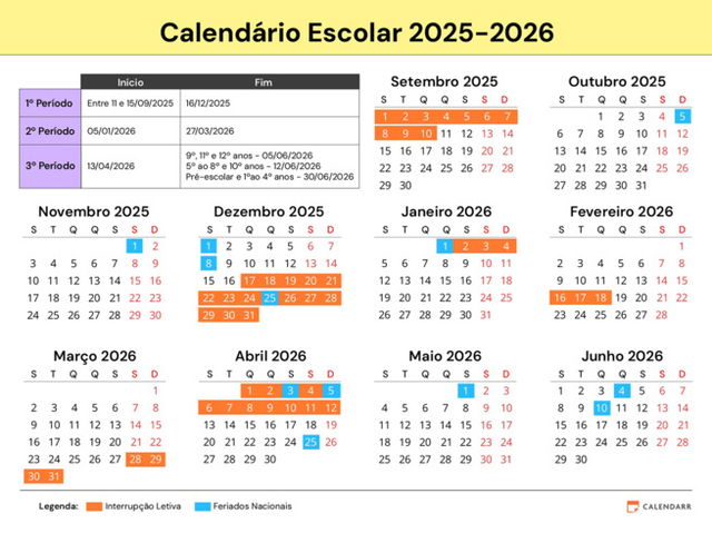 calendário escolar 2025-2026 de Portugal