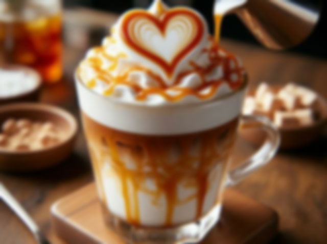 a glass of macchiato with heart and whipped cream