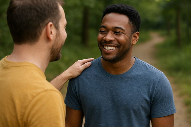 Two friends outdoors share a warm moment as one pats the other’s shoulder with a smile, standing on a forest trail with greenery in the background.