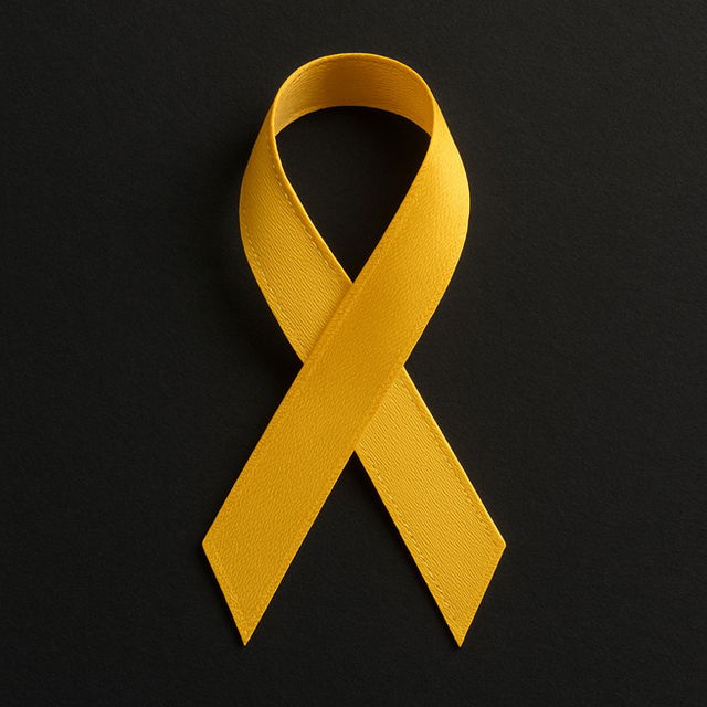 Yellow awareness ribbon placed against a dark charcoal background, symbolizing support and hope for suicide prevention. The ribbon is neatly looped, with a smooth satin texture and vibrant color that stands out clearly against the dark backdrop.
