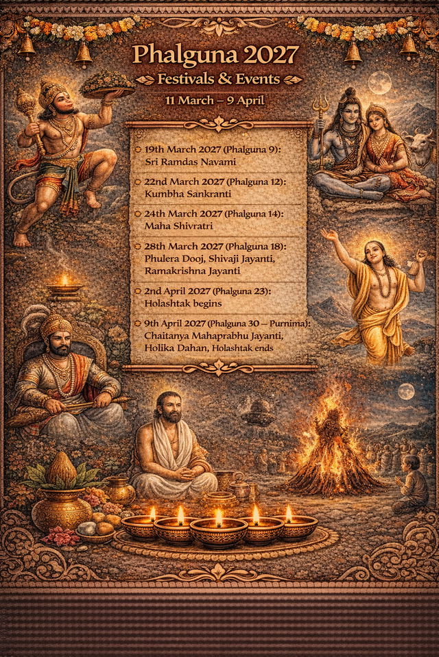 Calendar graphic titled &ldquo;Phalguna 2027 Festivals & Events&rdquo; showing the period from 11 March to 9 April, listing Sri Ramdas Navami, Kumbha Sankranti, Maha Shivratri, Phulera Dooj with Shivaji Jayanti and Ramakrishna Jayanti, the beginning of Holashtak, and Chaitanya Mahaprabhu Jayanti with Holika Dahan and the end of Holashtak, set on a warm gold-brown background with traditional Hindu artwork featuring Lord Shiva, Sri Chaitanya Mahaprabhu, Hanuman, Shivaji Maharaj, ritual fires for Holika Dahan, glowing diyas, and festive motifs.