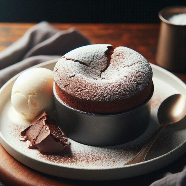 AI generated image of chocolate souffle with a side of vanilla