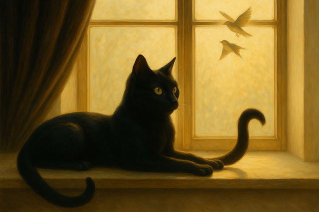 A black cat with bright yellow eyes lounges on a windowsill, gazing outside as two birds fly past the sunlit window. Warm golden light fills the room, casting a soft glow on the cat‘s sleek fur.
