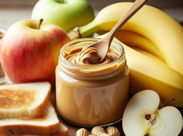 creamy peanut butter in a jar surrounded by fruits