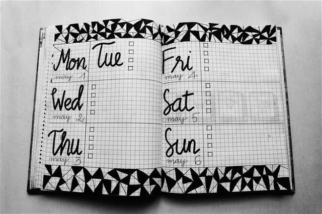 a page in a diary in which the days of the week are written in cursive script. A doodle pattern along the top and bottom of the page