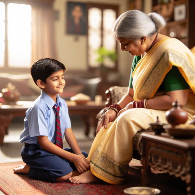 A school boy touching the feet of his grandmother