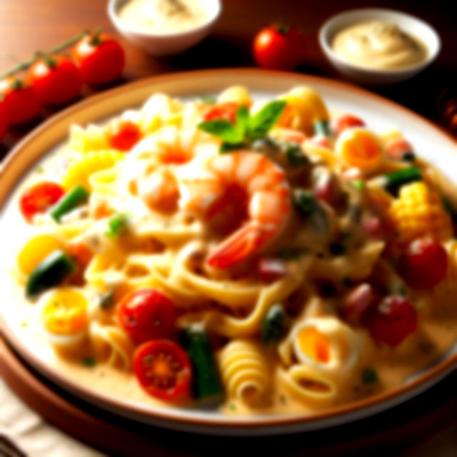 white sauce infused pasta with shrimp and veggies