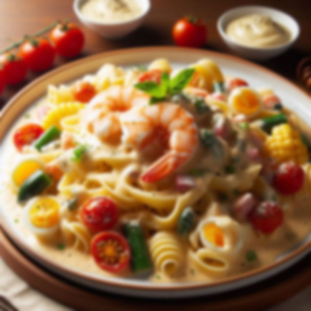 white sauce infused pasta with shrimp and veggies