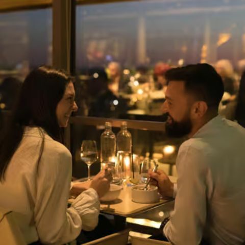 A couple enjoying an intimate candlelit dinner at a restaurant with large windows, smiling and talking across a small table set with wine glasses and plates, while the softly glowing city lights shimmer in the background at night.