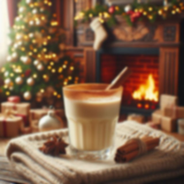 a glass of eggnog in a festive background