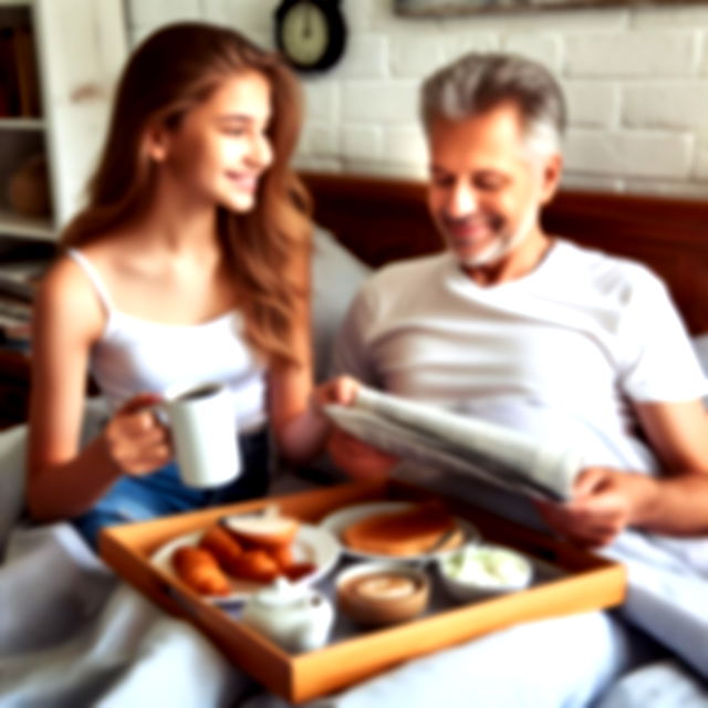 A girl offering breakfast in bed for her father