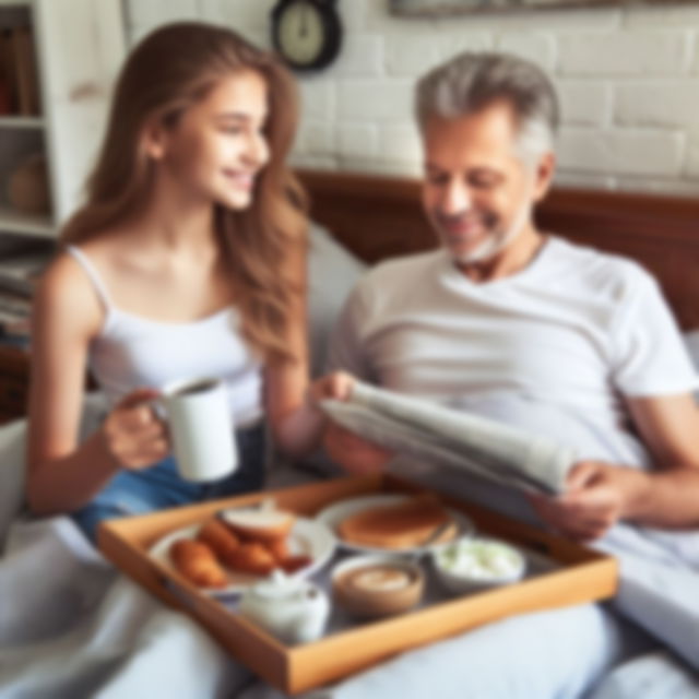 A girl offering breakfast in bed for her father