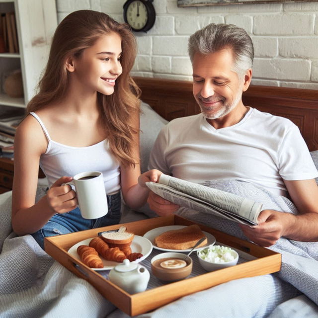 A girl offering breakfast in bed for her father