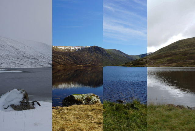 an image of the Scottish countryside divided into four sections, one of each season