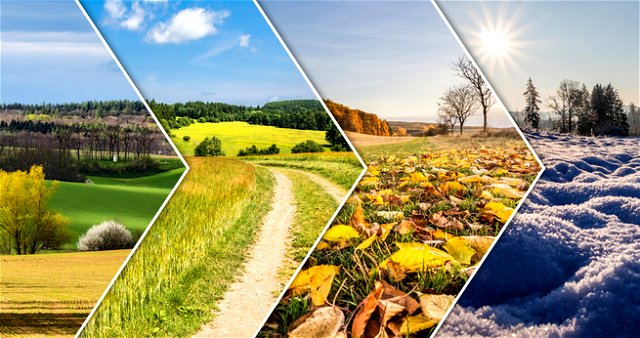 A composite image of the countryside divided into the four seasons by zig zagging white lines