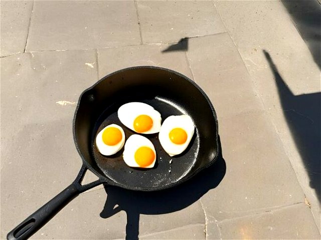 image of eggs on a frying pan on the sidewalk