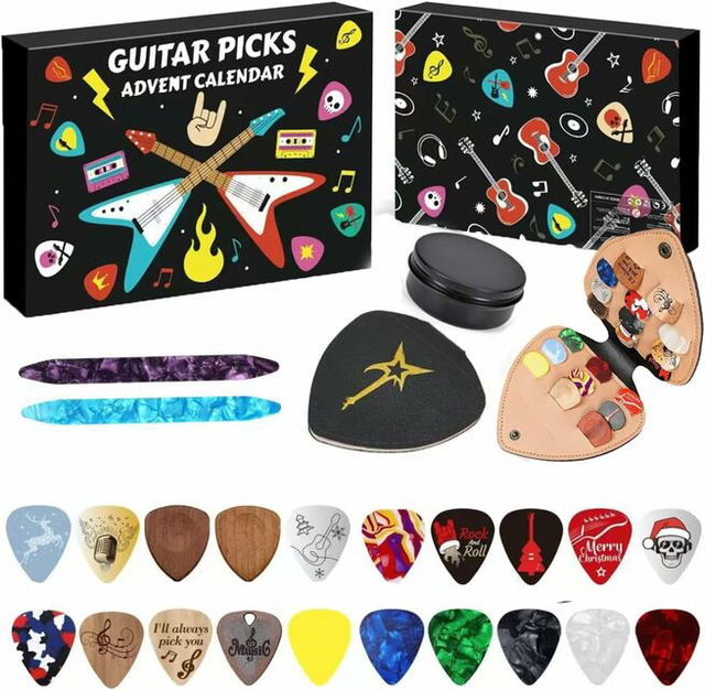 Guitar Player Advent Calendar, 24-Day Music Countdown with Assorted Picks, Pick Holder & Case